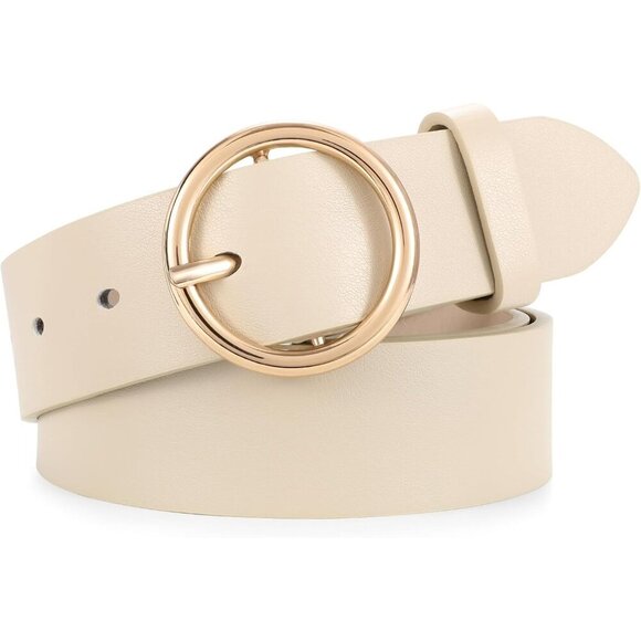 Women Leather Belt with Circle Gold Buckle Fashion Ladies Waist Belt Beige main image 9